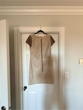 Neutral Beige Mini Dress with Contrasting Brown Sleeves